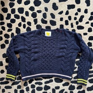Navy Cable Knit Sweater with Yellow and Pink Accents